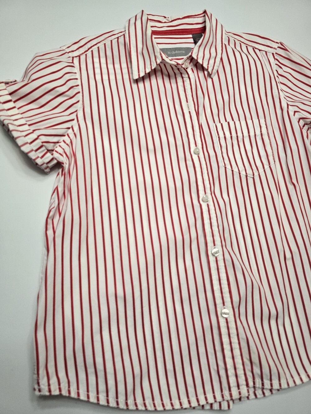 Liz Claiborne Red & White Stripe Button-Up Short Sleeve Shirt Lg Petite